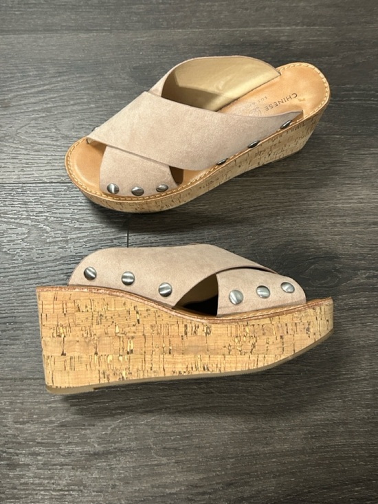 Chinese Laundry Shoes - Chinese Laundry Taupe Blush Suede Cork Wedge Studded Sandals